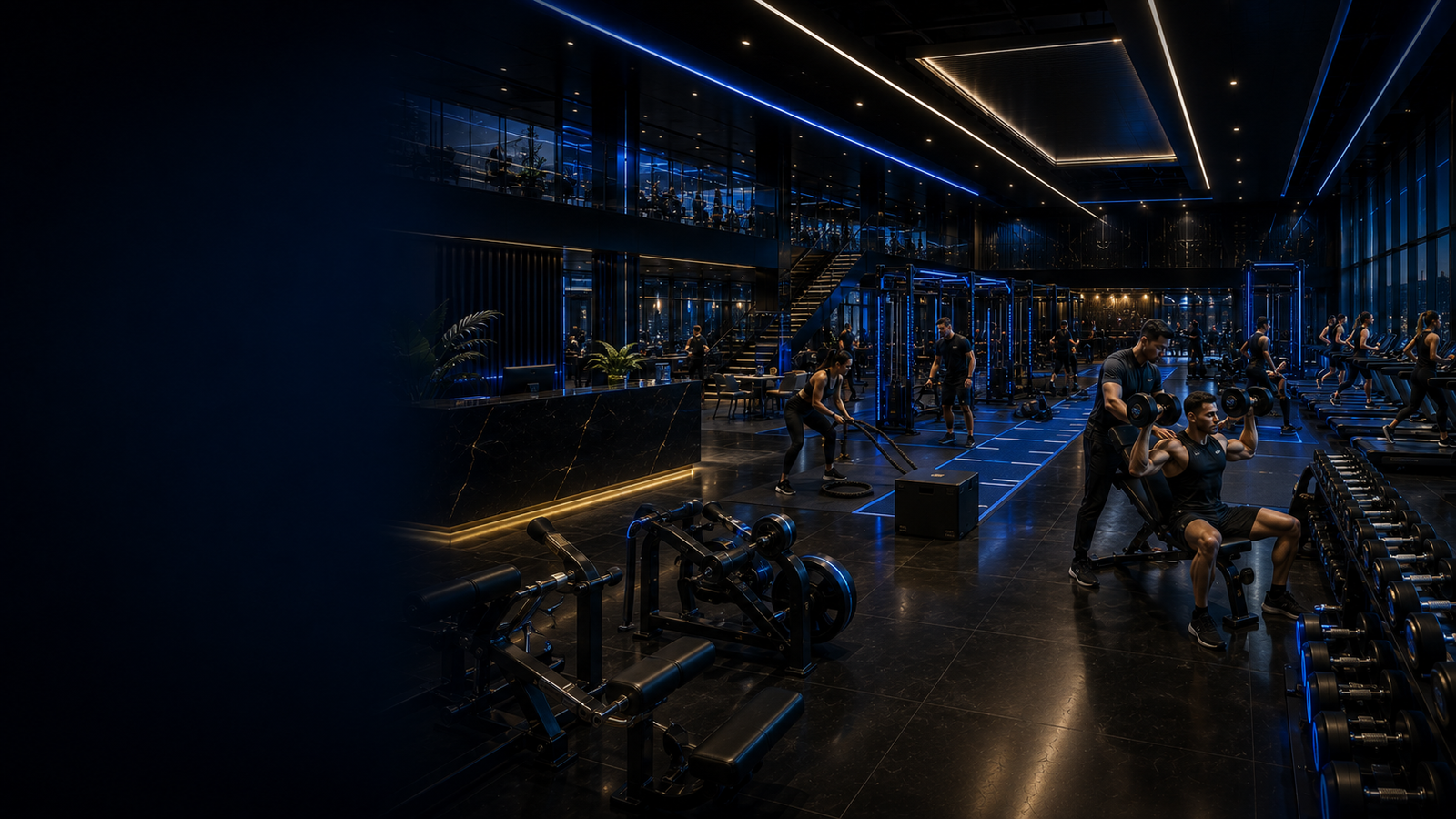 Academia Orion Elite, ambiente boutique com iluminação azul premium